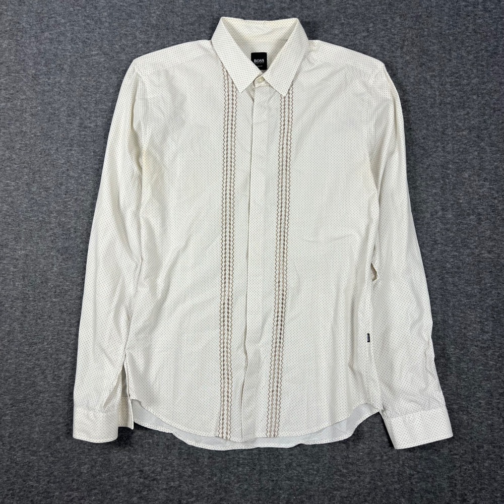 BOSS Hugo Boss Slim Fit Button Down Shirt Mens Medium White Embroidered